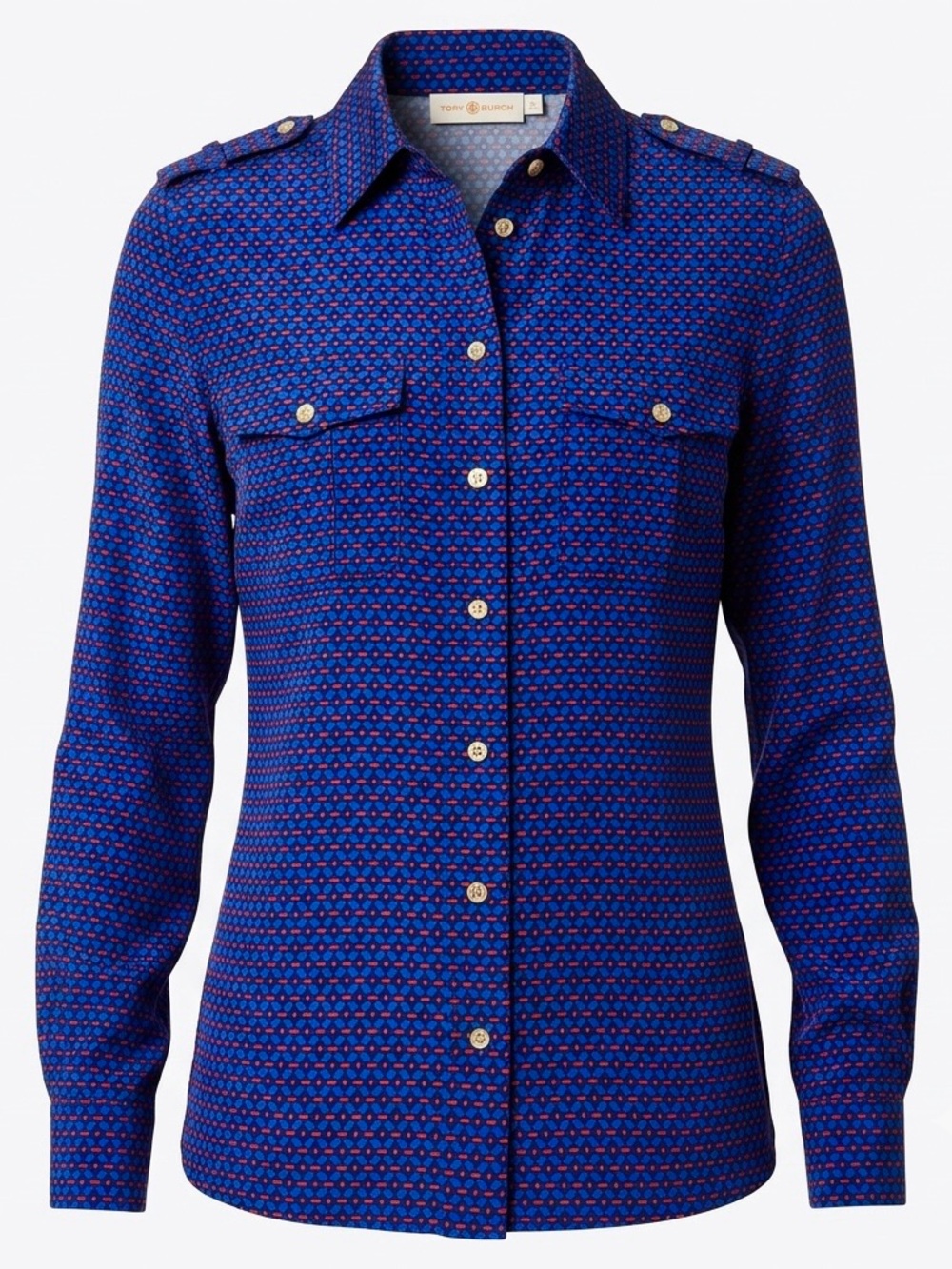 Tory Burch Silk Blend Utility Shirt Cobalt Blue Geometric Epaulets Gold Logo S